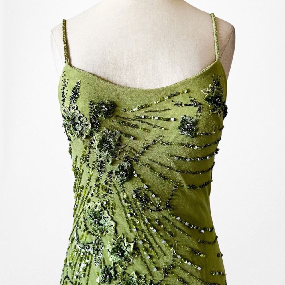 Vintage Y2K Olive Green Floral Beaded Bodycon Prom Shawl Dress Size S - Picture 15 of 17